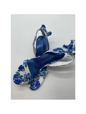 Nine West Sandals sz 8.0 Blue Floral Tie-Ankle Kelsie kitten heel NEW